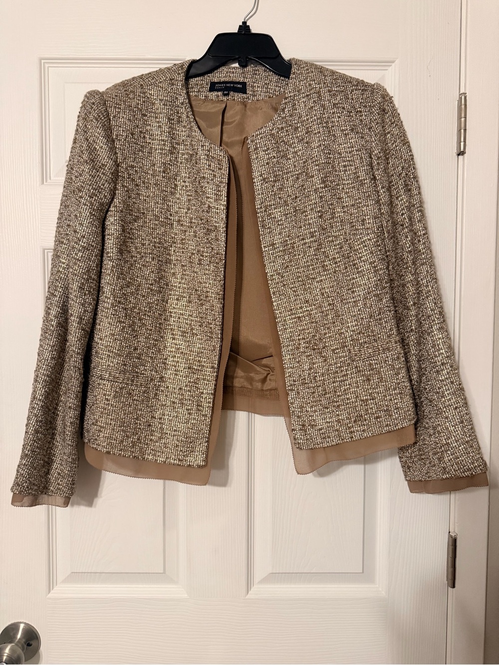 Jones New York Women's Neutral Tweed with Gold Thread Open Front Jacket